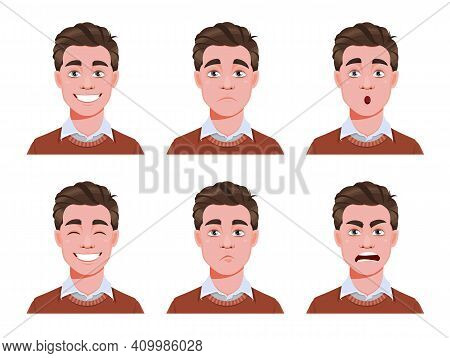 Face Expressions Of Handsome Man. Different Male Emotions Set. Young Guy Cartoon Character. Stock Ve