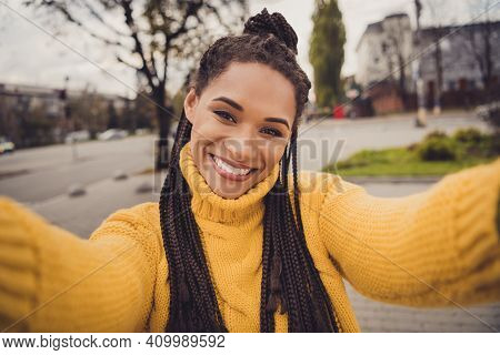 Portrait Of Young Happy Positive Cheerful Lovely Afro Woman Taking Selfie Outside Outdoor On Street