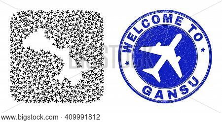 Vector Mosaic Gansu Province Map Of Airline Elements And Grunge Welcome Seal Stamp. Mosaic Geographi