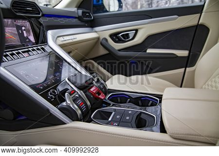 Moscow, Russia - December, 15, 2020: Interior Of Premium Car Lamborghini Urus. Light Leather