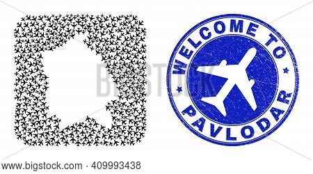 Vector Mosaic Pavlodar Region Map Of Sky Jet Elements And Grunge Welcome Badge. Mosaic Geographic Pa