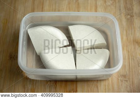 Homemade Soya Paneer Cheese Made From Fresh Milk And Lemon Juice, Diced And Placed In A Bowl On A Wo
