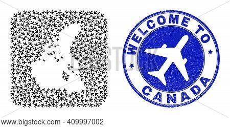 Vector Mosaic Canada V2 Map Of Airflight Elements And Grunge Welcome Badge. Mosaic Geographic Canada