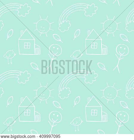 Green Seamless Childrens Background With Childrens Doodles-pencil Illustrations Of Birds, People, Tw