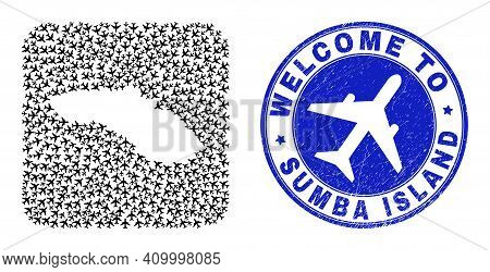 Vector Mosaic Sumba Island Map Of Air Fly Elements And Grunge Welcome Seal. Collage Geographic Sumba