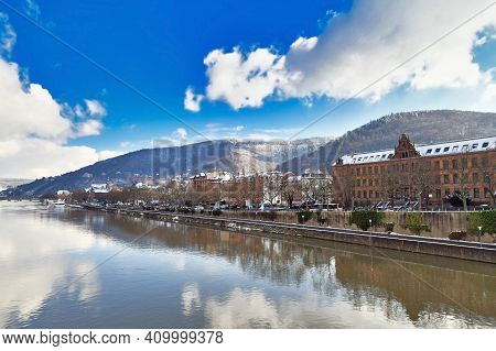 Heidelberg, Germany - February 2021: Neckar River With Odenwald Forest Hill With Historical Castle. 