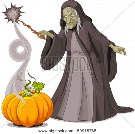 Witch casts a spell over pumpkin