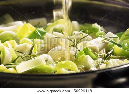 Leek Being Cooked In A Pan