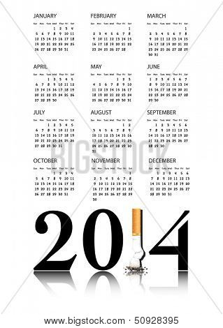 New Year resolution Quit Smoking Calendar with the 1 in 2014 being replaced by a stubbed out cigarette. EPS10 vector format.
