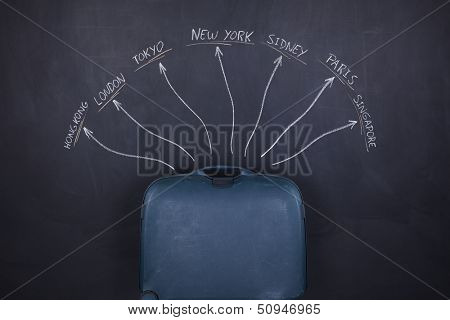 Travel suitcase with travel destinations on the chalkboard