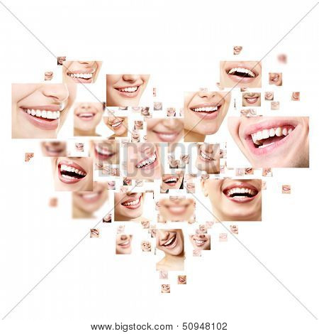 Heart collage of perfect smiles. Set of beautiful wide human smiles with great healthy white teeth. Isolated over white background 