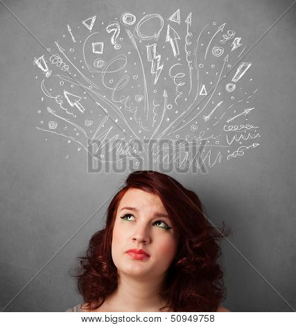 Pretty young woman with many sketched arrows pointed in different directions above her head