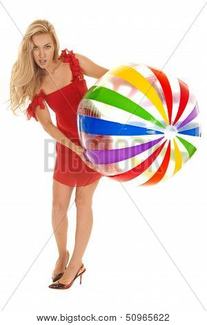 Woman Red Dress Beach Ball Lean Over