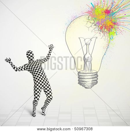 3d human character is body suit morphsuit looking at abstract colorful lightbulb
