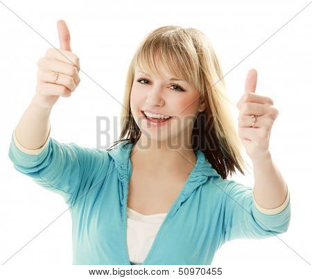 Woman showing OK , isolated on white background
