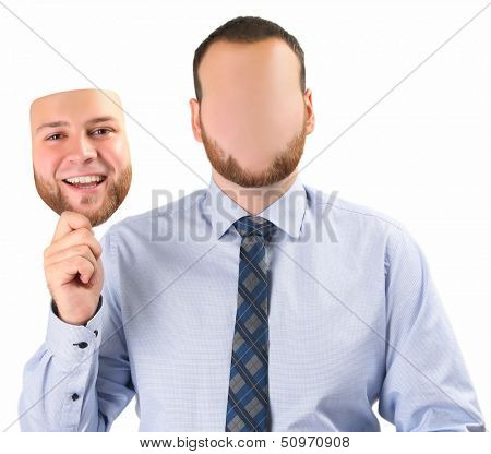 young man holding happy mask
