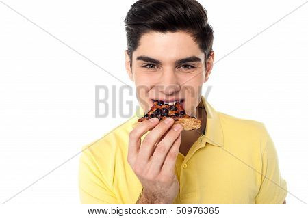 Smart Looking Guy Enjoying Pizza Slice