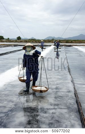 Salt worker working on saline