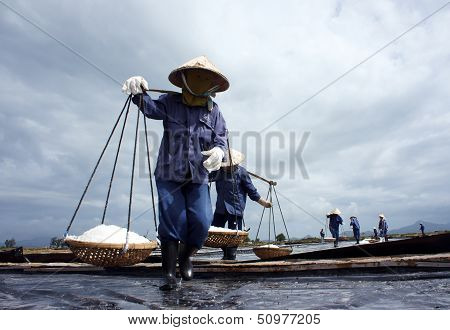 Salt worker working on saline