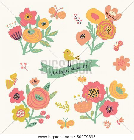 Lyse blomster elementer i vektor. Søde vintage sæt med fugle og sommerfugle. Elegant blomster til m