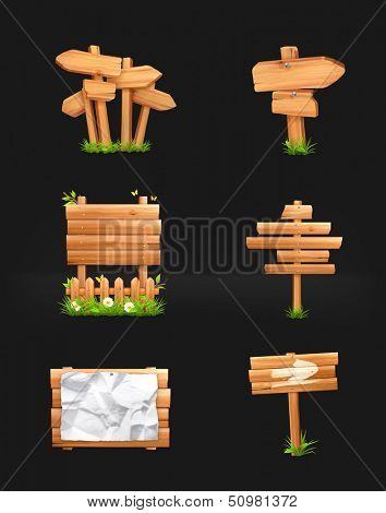 Wooden signs set, vector on black