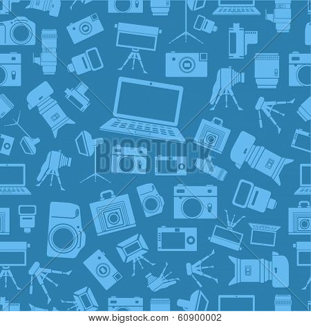Photo equipment silhouettes blue seamless background