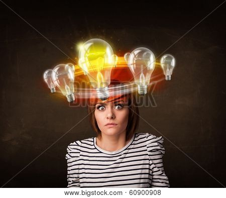 Preety woman with light bulbs circleing around her head 