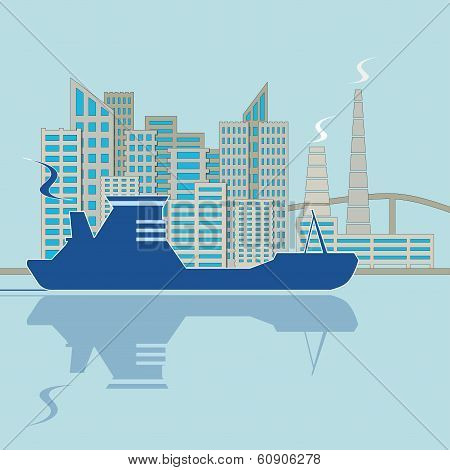 Silhouette Of Ship On City Background