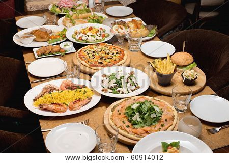 Table with various food served