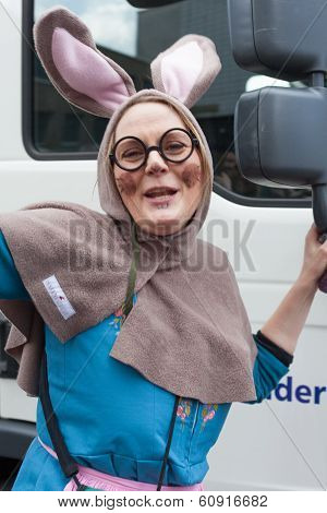 Women In Rabbit Costume, Smile And Walks In A Carnival Parade