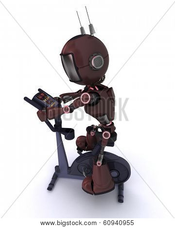 3D render of an Andriod at the gym on  an exercise bike