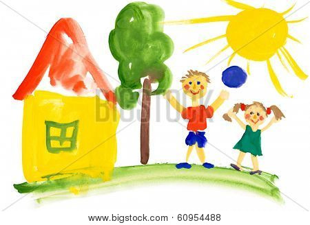 children playing near the house. watercolor drawing