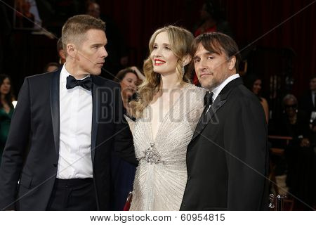 LOS ANGELES - MAR 2:: Ethan Hawke, Julie Delpy, Richard Linklater at the 86th Annual Academy Awards at Hollywood & Highland Center on March 2, 2014 in Los Angeles, California