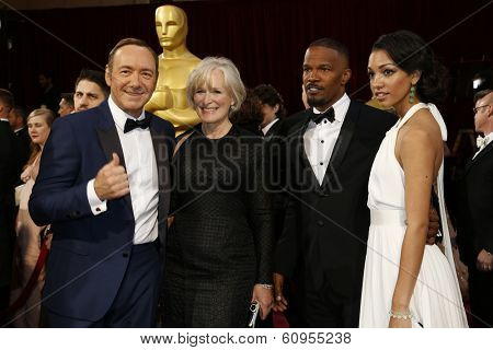 LOS ANGELES - MAR 2:: Kevin Spacey, Glenn Close, Jamie Foxx, Corinne Bishop  at the 86th Annual Academy Awards at Hollywood & Highland Center on March 2, 2014 in Los Angeles, California