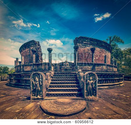 Vintage retro hipster style travel image of ancient Vatadage (Buddhist stupa) in Pollonnaruwa, Sri Lanka