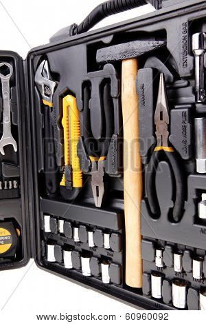 toolbox set of tools include hammer wrench bit driver pliers hex key bush level hex key