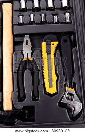 toolbox set of tools include hammer wrench bit driver pliers hex key bush level hex key