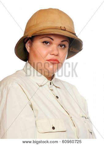 Retro style traveler in pith helmet.