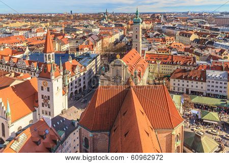 Munich Panorama With Old City Hall, Holy Spirit Church And Viktualienmarkt, Bavaria, Germany