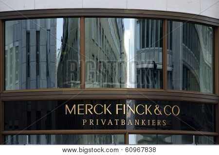 Entrance sign Merck Finck and Co. Bank