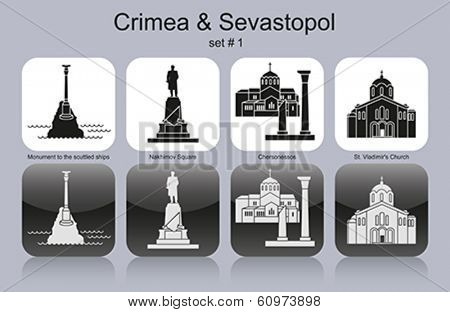 Landmarks of Crimea & Sevastopol. Set of monochrome icons. Editable vector illustration.