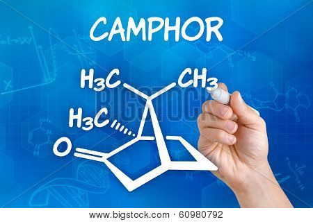 Hand with pen drawing the chemical formula of camphor