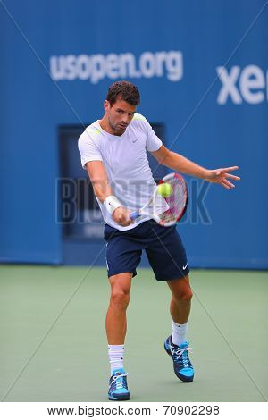 Professional tennis player Grigor Dimitrov from Bulgaria practices for US Open 2014