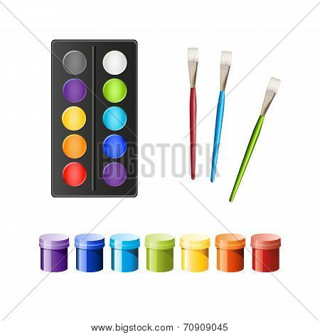 Paints And Brushes On White Background