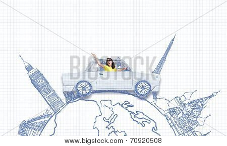 Young woman riding car made of list of paper