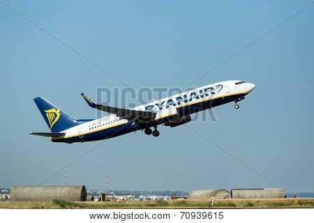 A Plane From The Airline Ryanair Takes Off In Greece. Ryanair Is Europe’s Favorite Low Fares Airline
