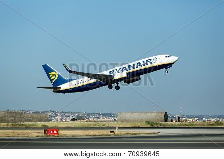 A Plane From The Airline Ryanair Takes Off In Greece. Ryanair Is Europe’s Favorite Low Fares Airline