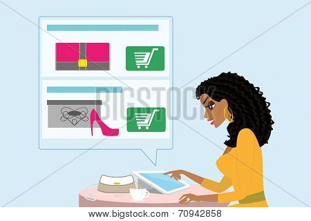 Pretty blackhair woman sitting alone in the cafe and doing shopping online