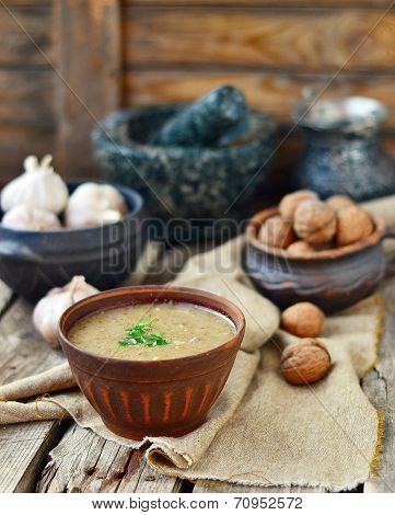 kharcho soup in a ceramic bowl