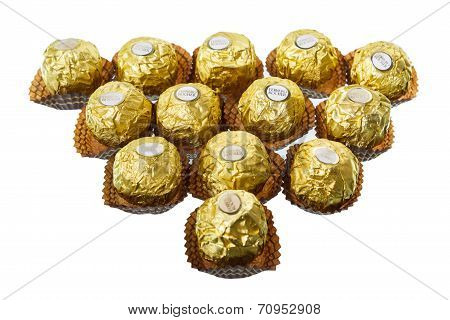 BANGKOK THAILAND - JULY 6 2014: Ferrero Rocher Chocolates on a white background